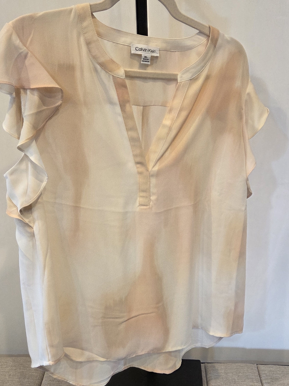 Calvin Klein Soft Cream Ruffle Sleeve Split-Neck Blouse